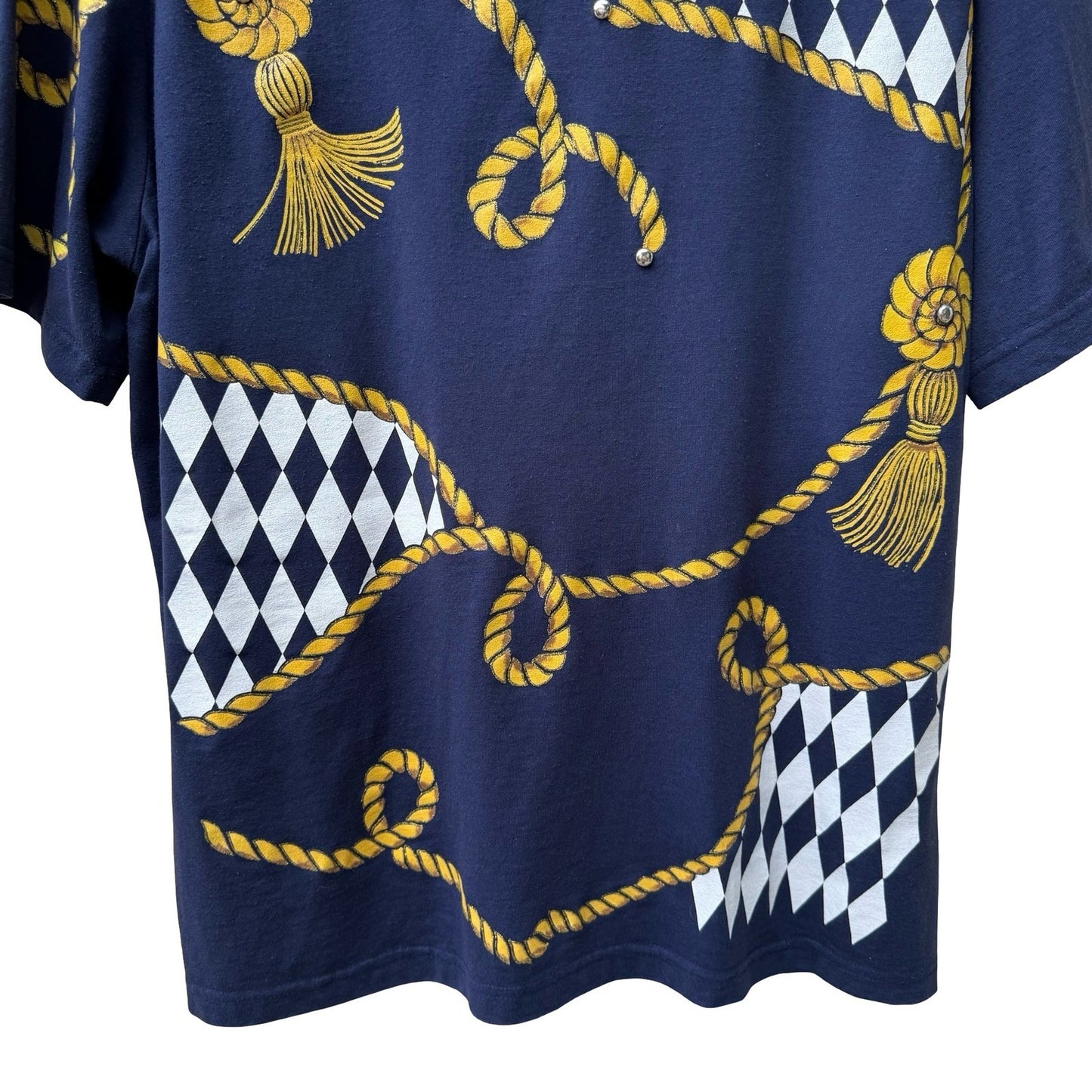 KWBL Vintage 90s Nautical Graphic Studded Harlequin Rope Tassel Shirt Navy XXL