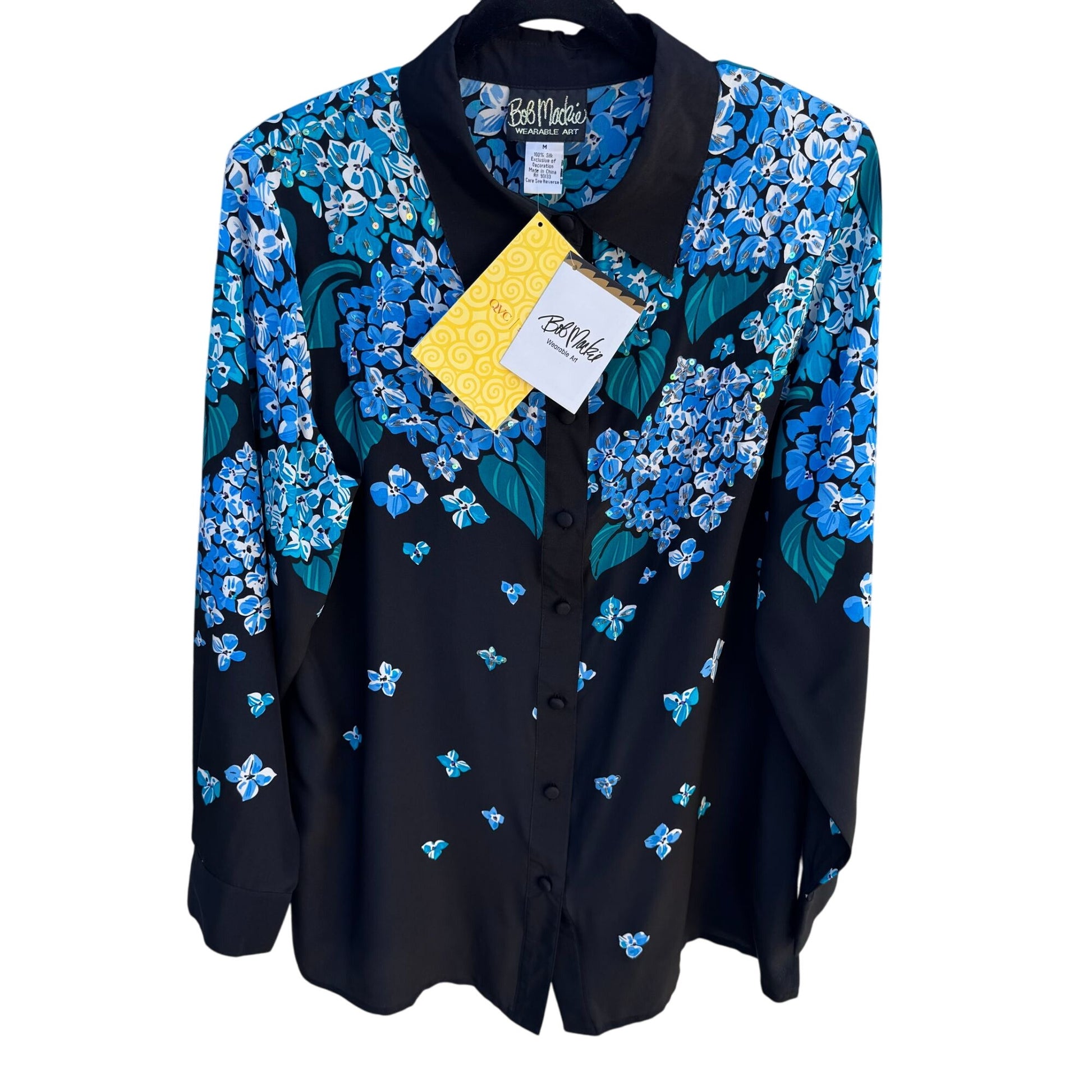 Bob Mackie Wearable Art Silk Hydrangea Beaded Floral Button Down Shirt New M