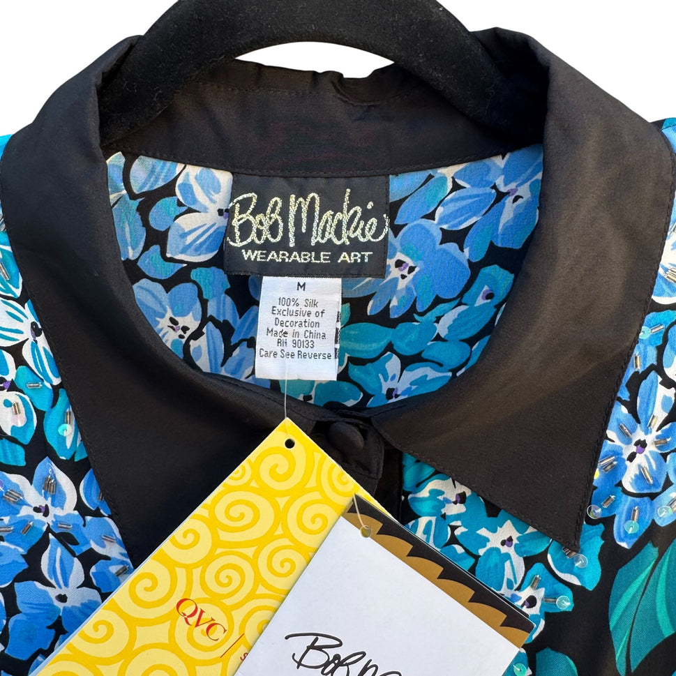 Bob Mackie Wearable Art Silk Hydrangea Beaded Floral Button Down Shirt New M