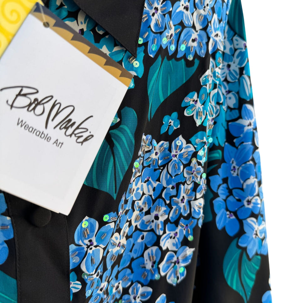 Bob Mackie Wearable Art Silk Hydrangea Beaded Floral Button Down Shirt New M