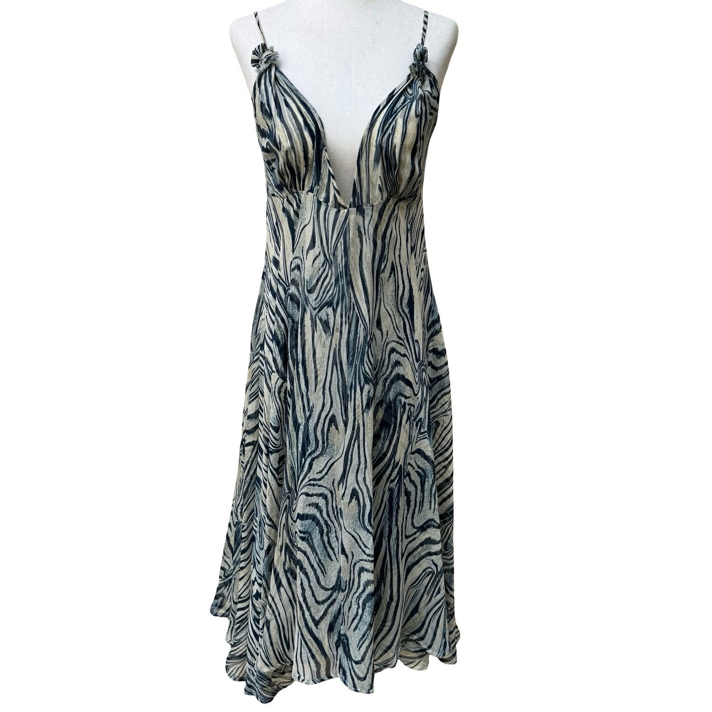 Vicious Y2K Silk Boho Tiger Print Midi Dress Ethereal Rosette Straps Resortwear
