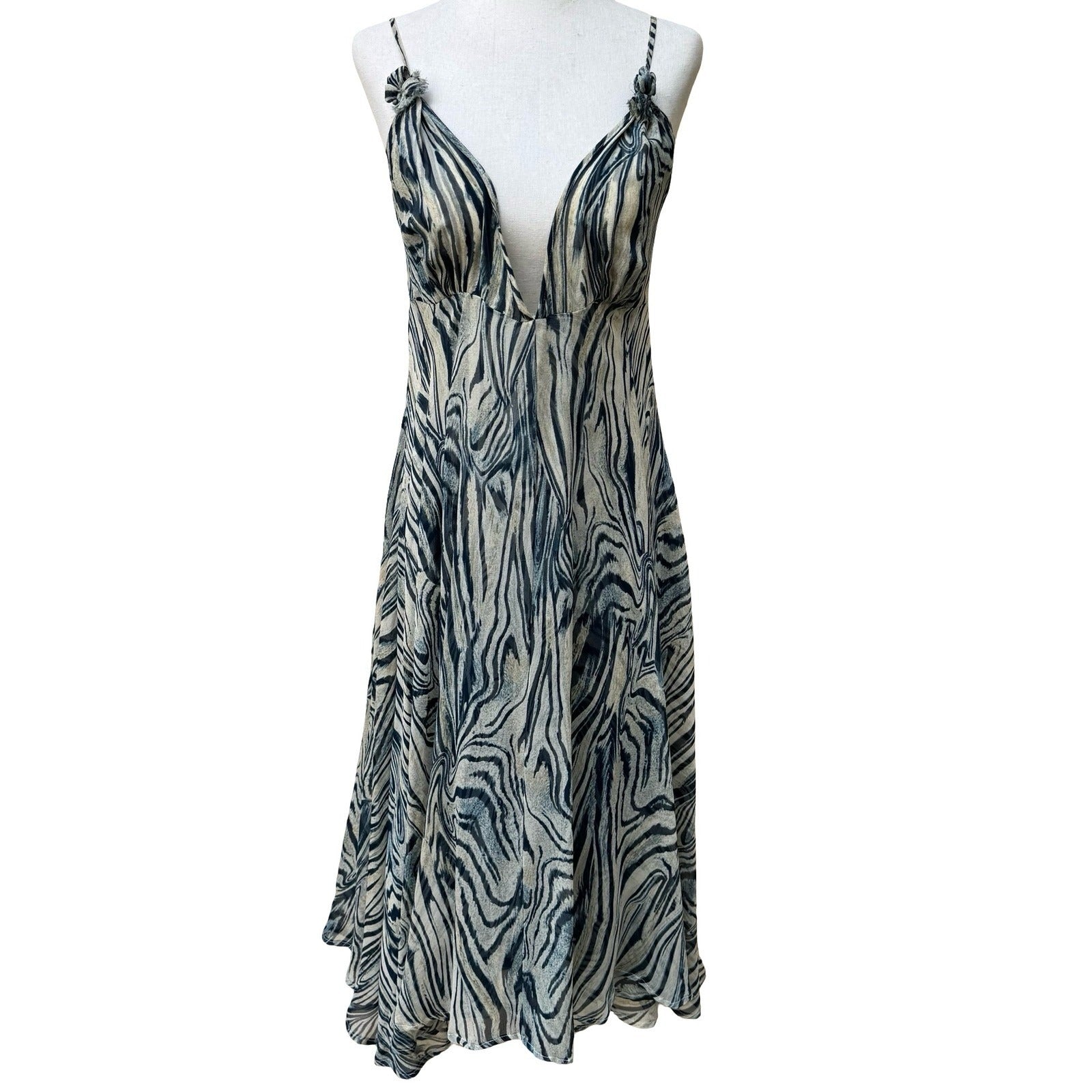 Vicious Y2K Silk Boho Tiger Print Midi Dress Ethereal Rosette Straps Resortwear