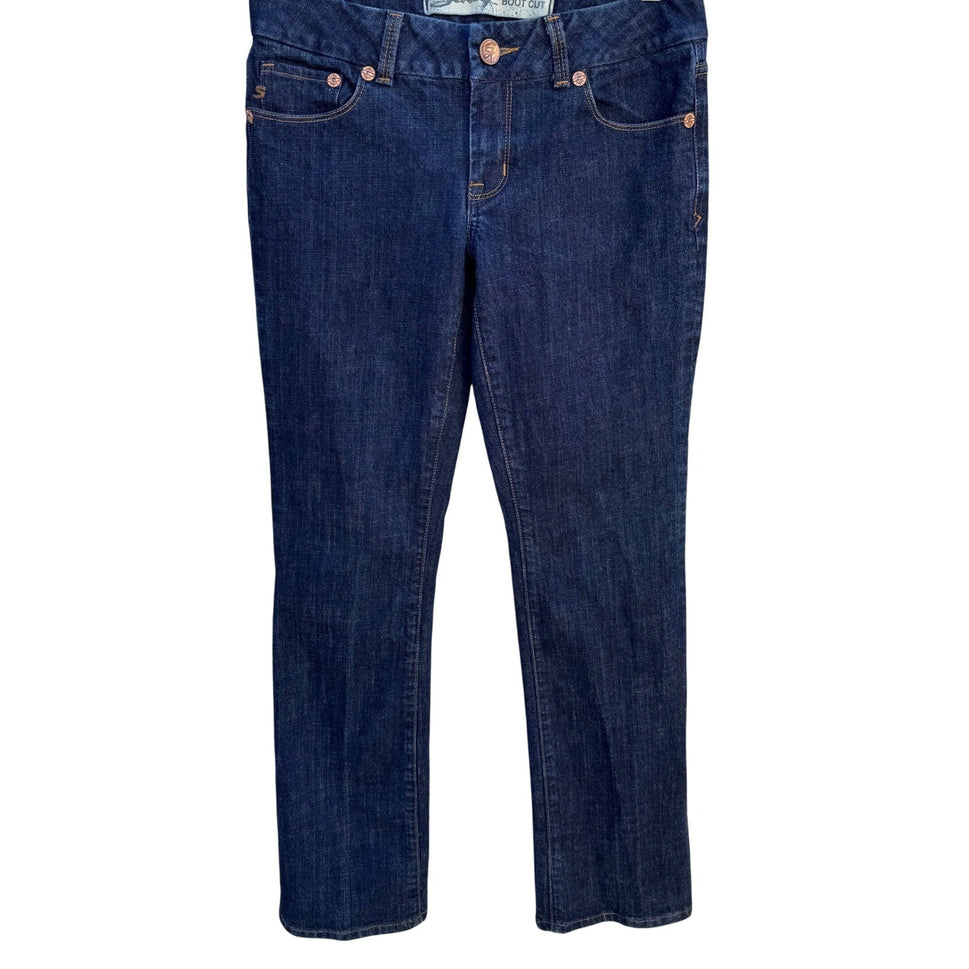 Seven7 Y2K Womens Boot Cut Jeans Dark Indigo Wash Embroidered Pocket Size 31