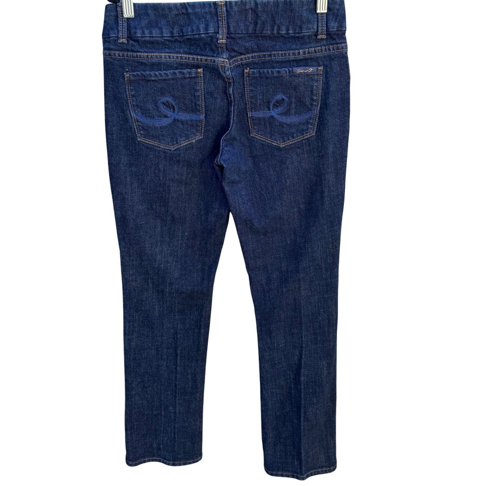 Seven7 Y2K Womens Boot Cut Jeans Dark Indigo Wash Embroidered Pocket Size 31