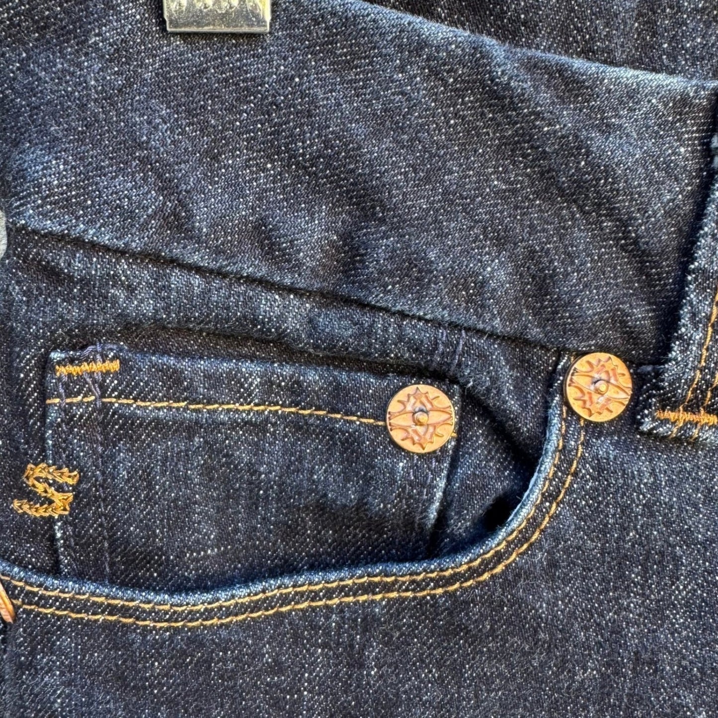 Seven7 Y2K Womens Boot Cut Jeans Dark Indigo Wash Embroidered Pocket Size 31