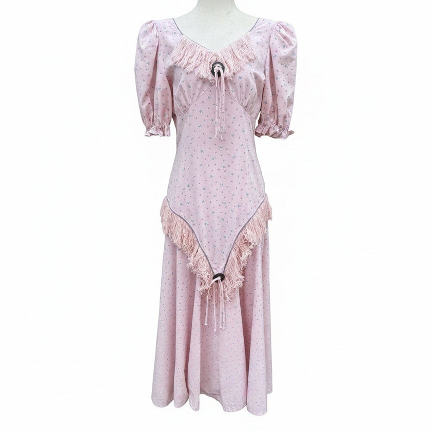 Panhandle Slim Vintage Pink Floral Fringe Western Prairie Midi Dress Made in USA