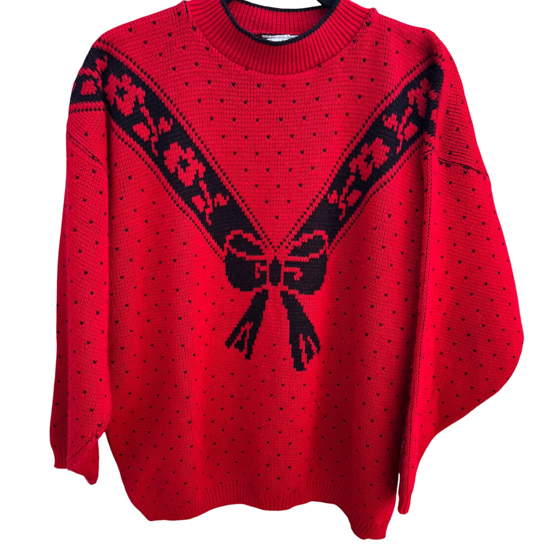 Classic Essentials Vintage 80s Red Sweater Bow Floral Polka Dot Womens L Retro