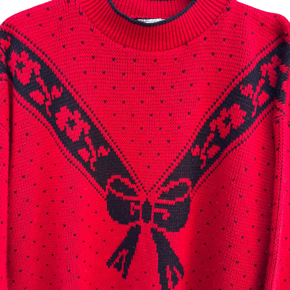 Classic Essentials Vintage 80s Red Sweater Bow Floral Polka Dot Womens L Retro