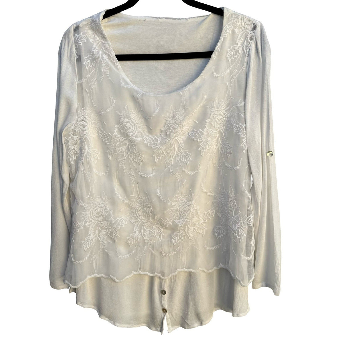 Boho Cottagecore Floral Embroidered Layered Roll Tab Sleeve Scalloped Hem Blouse
