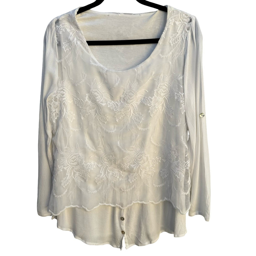 Boho Cottagecore Floral Embroidered Layered Roll Tab Sleeve Scalloped Hem Blouse