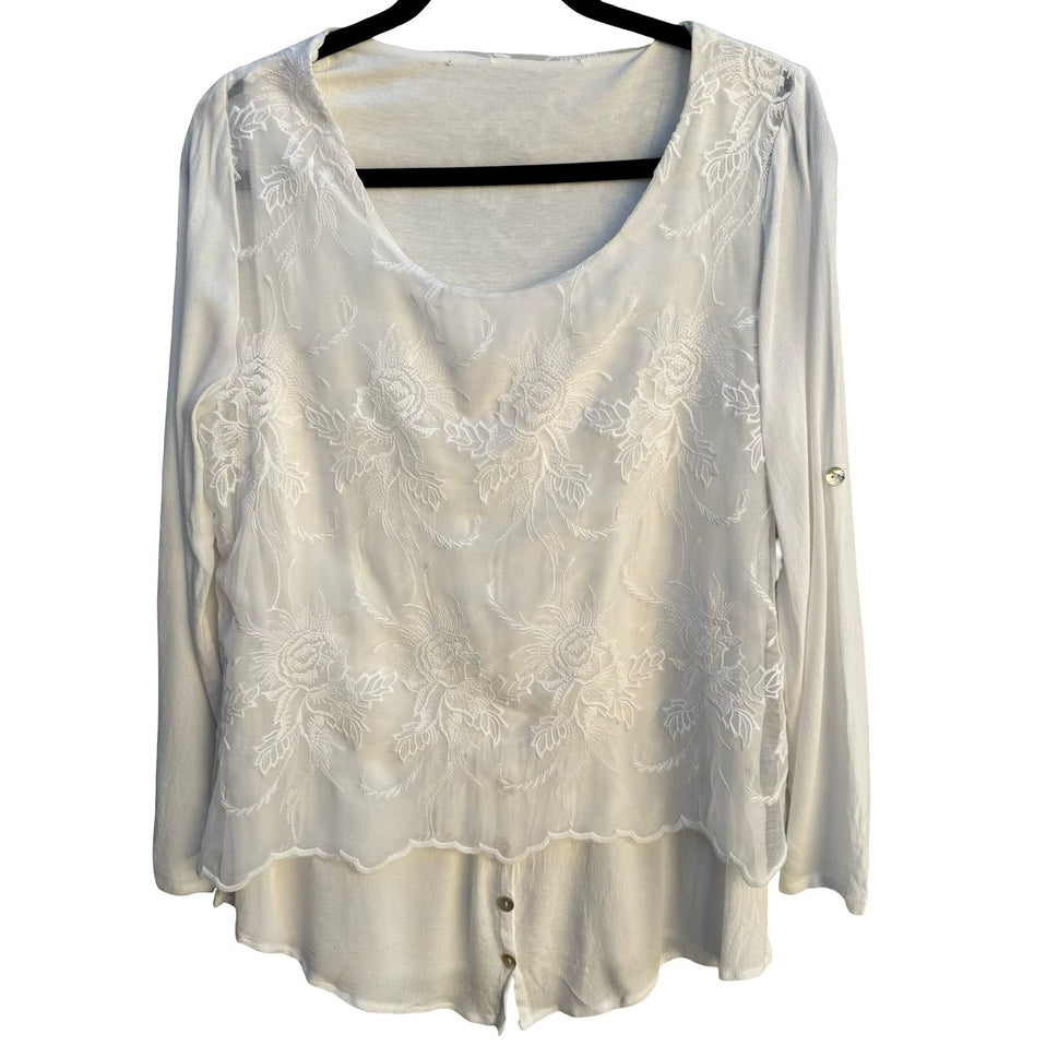 Boho Cottagecore Floral Embroidered Layered Roll Tab Sleeve Scalloped Hem Blouse