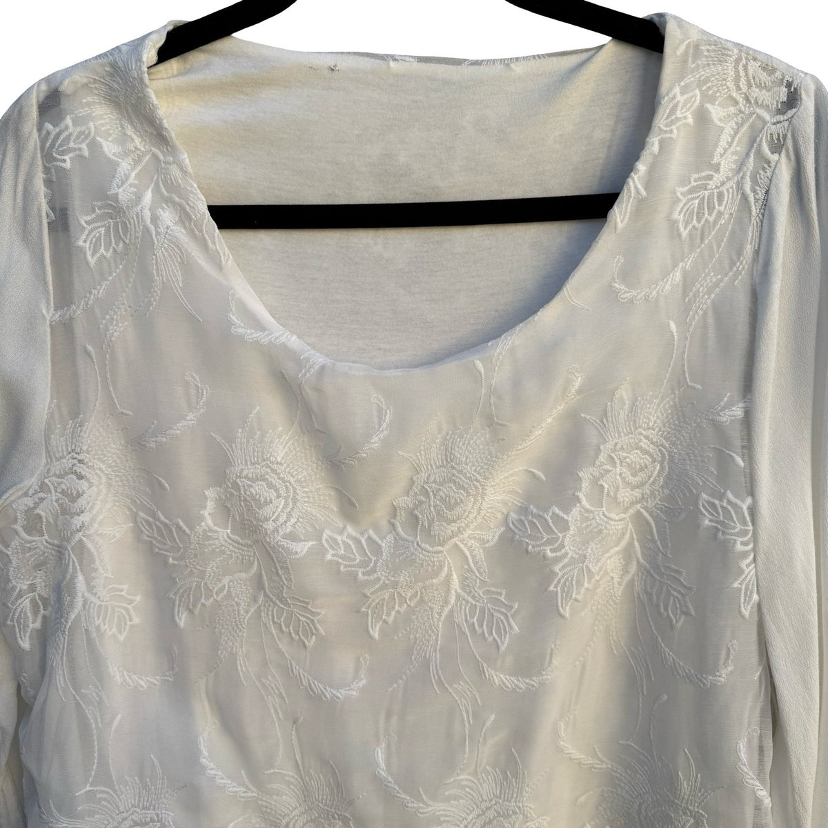 Boho Cottagecore Floral Embroidered Layered Roll Tab Sleeve Scalloped Hem Blouse