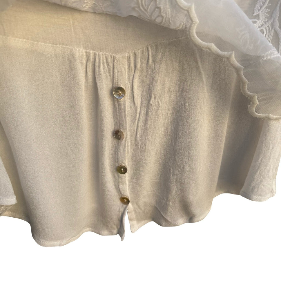 Boho Cottagecore Floral Embroidered Layered Roll Tab Sleeve Scalloped Hem Blouse