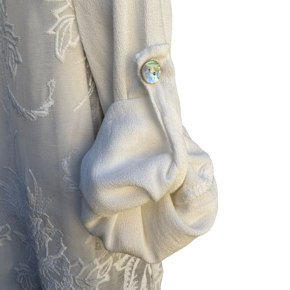 Boho Cottagecore Floral Embroidered Layered Roll Tab Sleeve Scalloped Hem Blouse