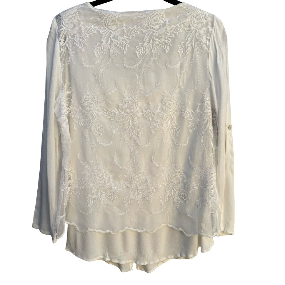 Boho Cottagecore Floral Embroidered Layered Roll Tab Sleeve Scalloped Hem Blouse