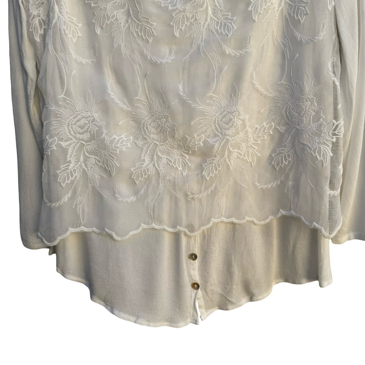 Boho Cottagecore Floral Embroidered Layered Roll Tab Sleeve Scalloped Hem Blouse