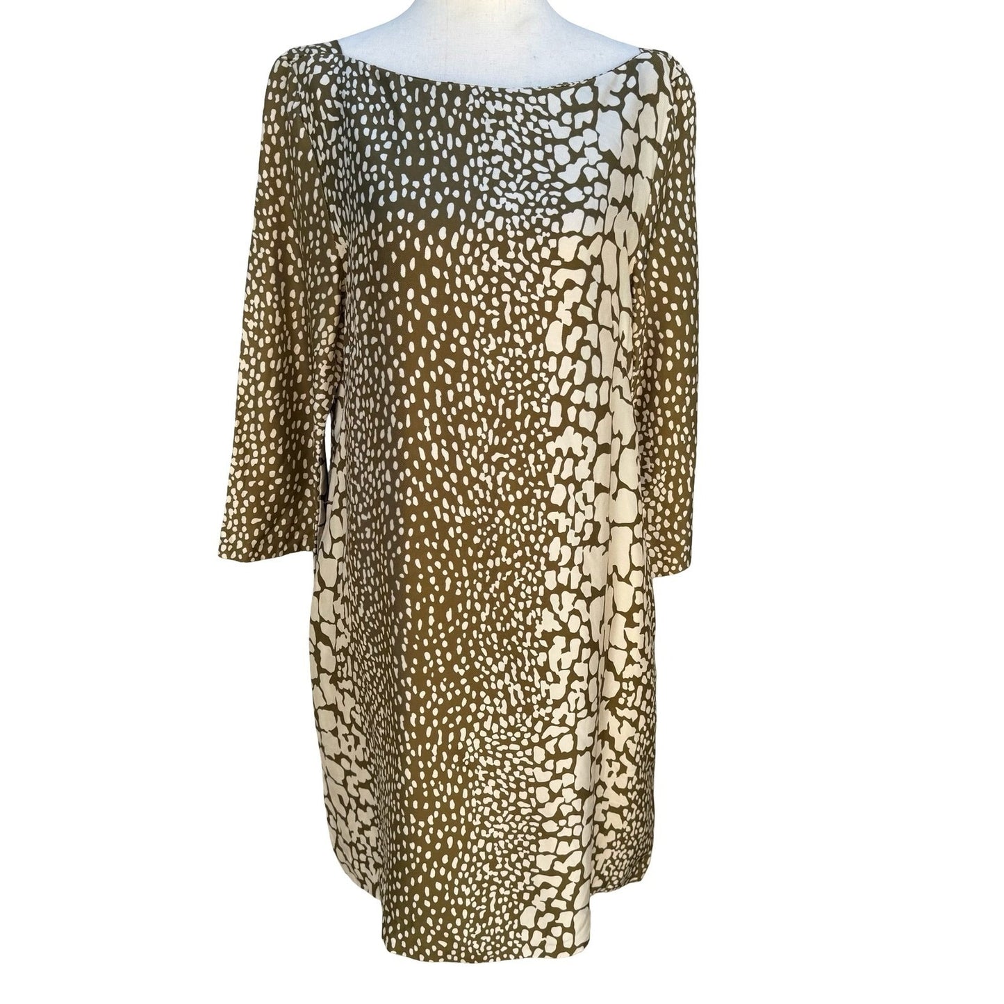 J.Crew Luxury Silk Shift Dress 12 Olive Green Animal Print Boat Neck 3/4 Sleeve