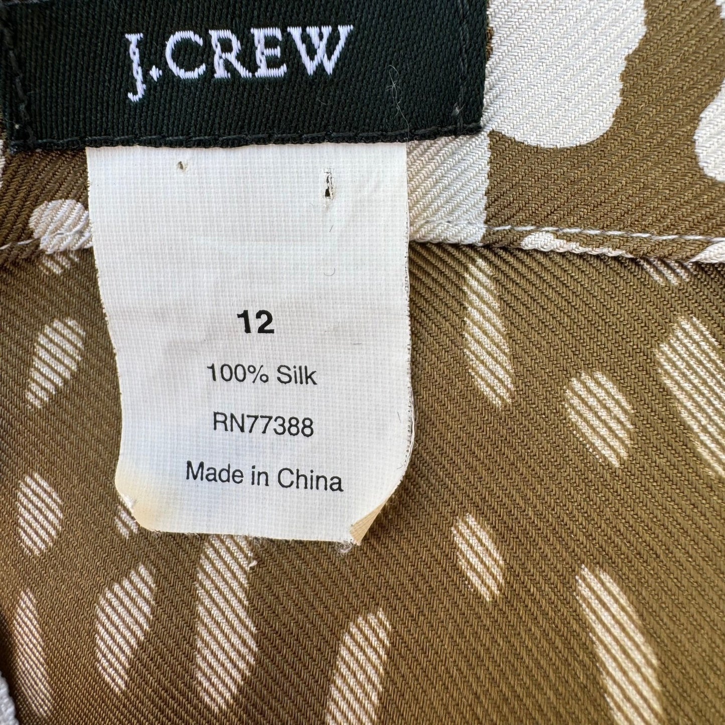 J.Crew Luxury Silk Shift Dress 12 Olive Green Animal Print Boat Neck 3/4 Sleeve