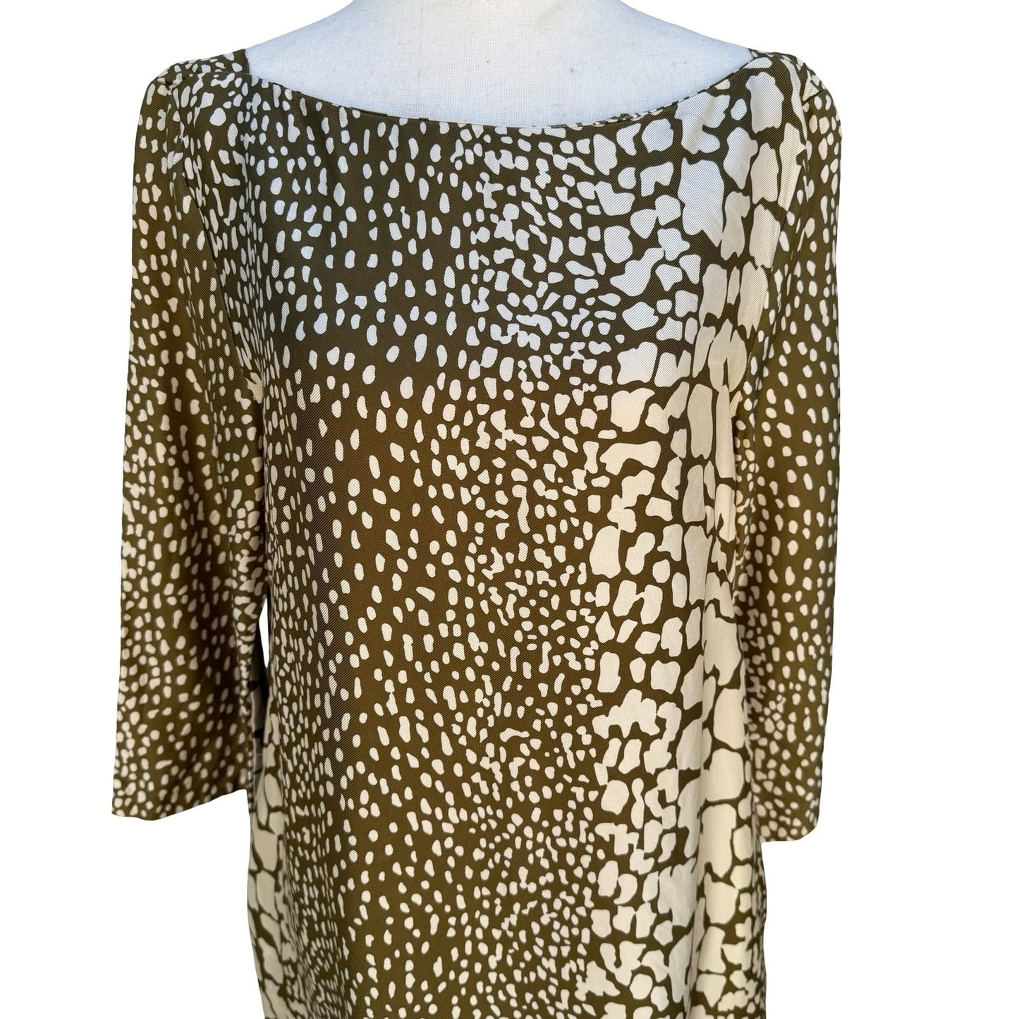 J.Crew Luxury Silk Shift Dress 12 Olive Green Animal Print Boat Neck 3/4 Sleeve
