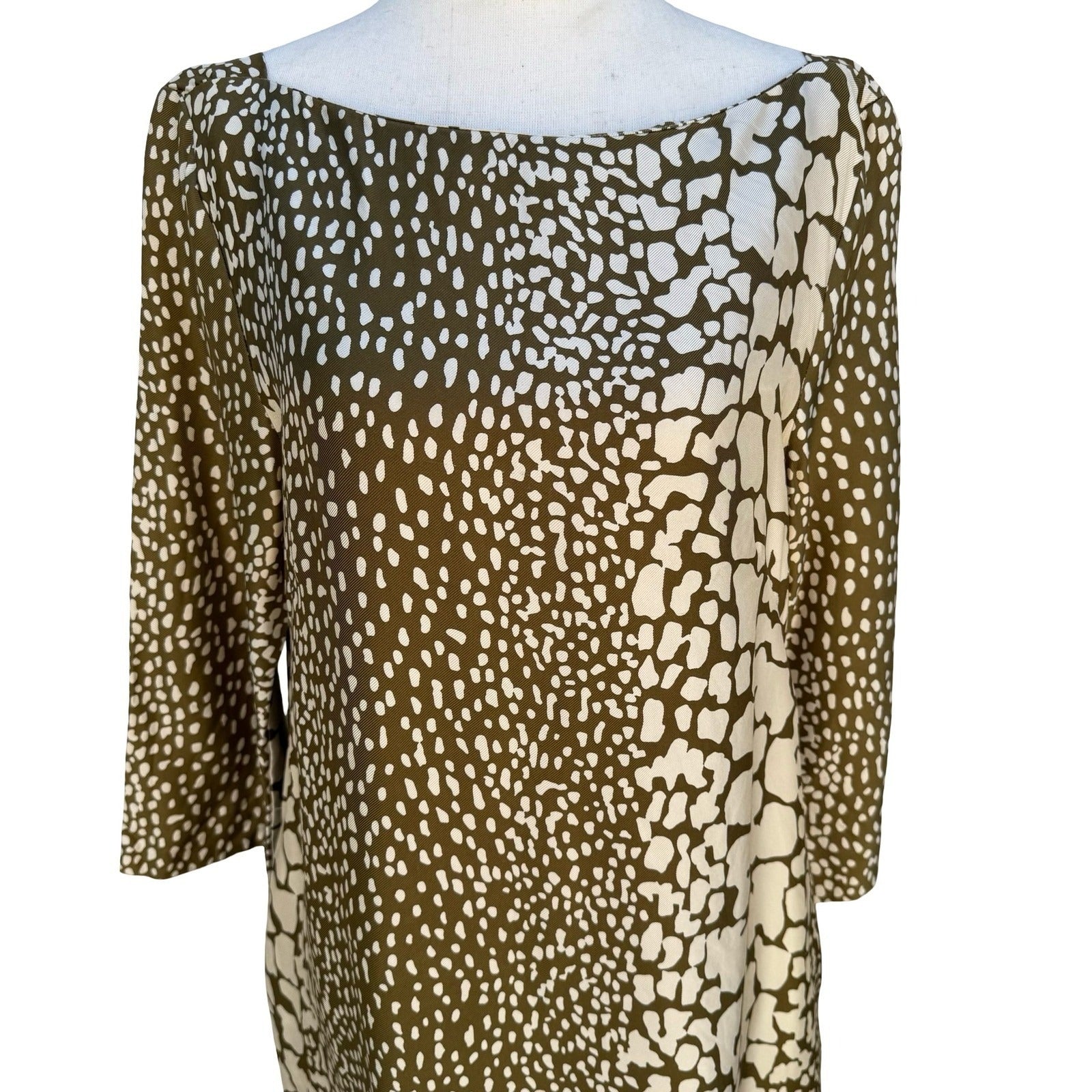 J.Crew Luxury Silk Shift Dress 12 Olive Green Animal Print Boat Neck 3/4 Sleeve