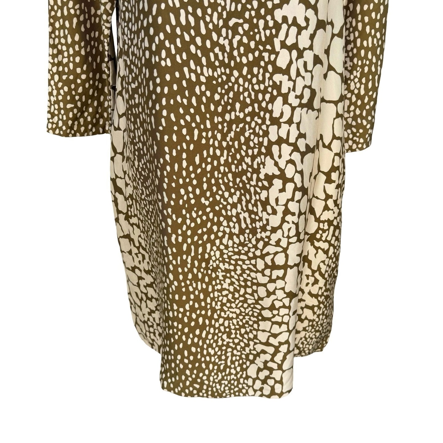 J.Crew Luxury Silk Shift Dress 12 Olive Green Animal Print Boat Neck 3/4 Sleeve