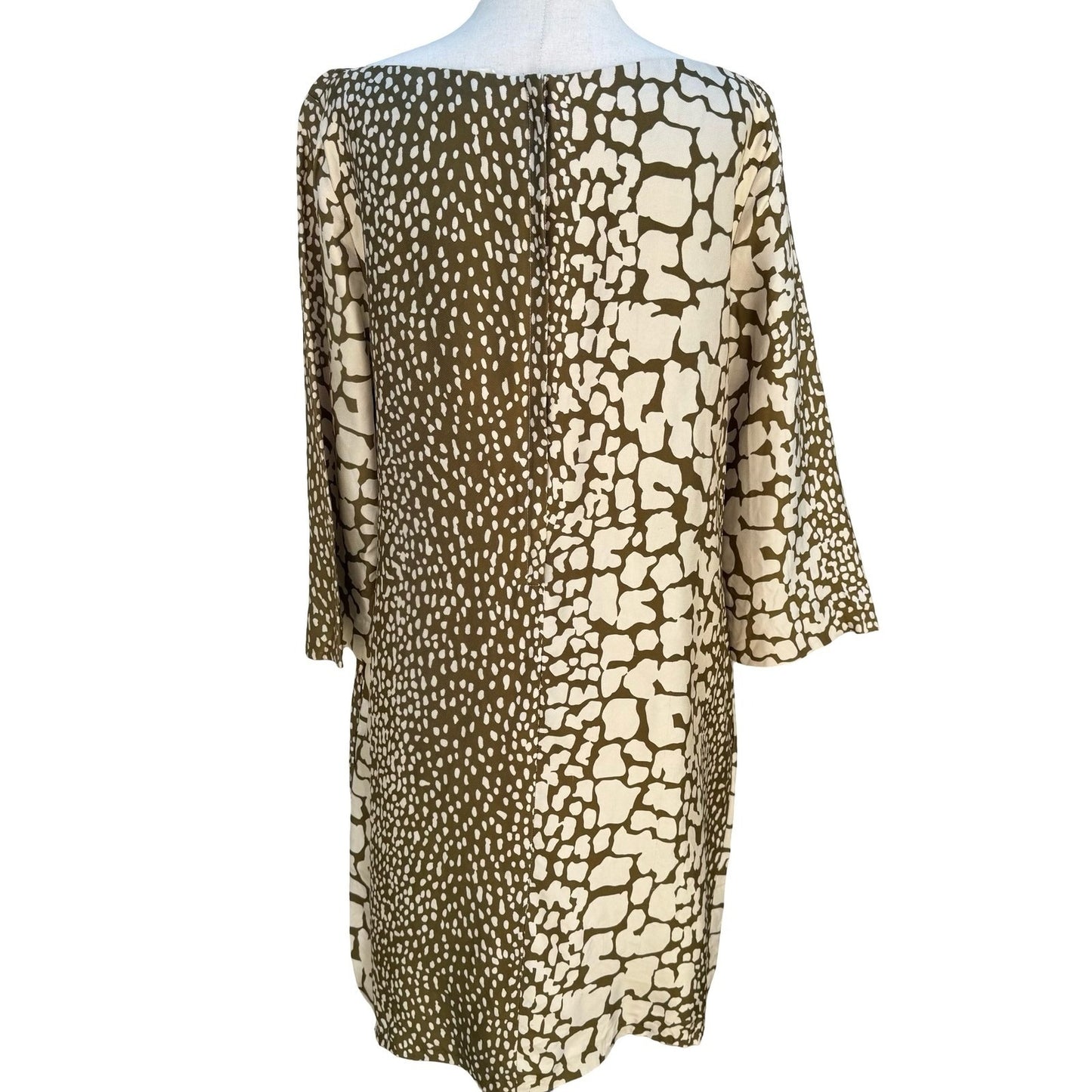 J.Crew Luxury Silk Shift Dress 12 Olive Green Animal Print Boat Neck 3/4 Sleeve