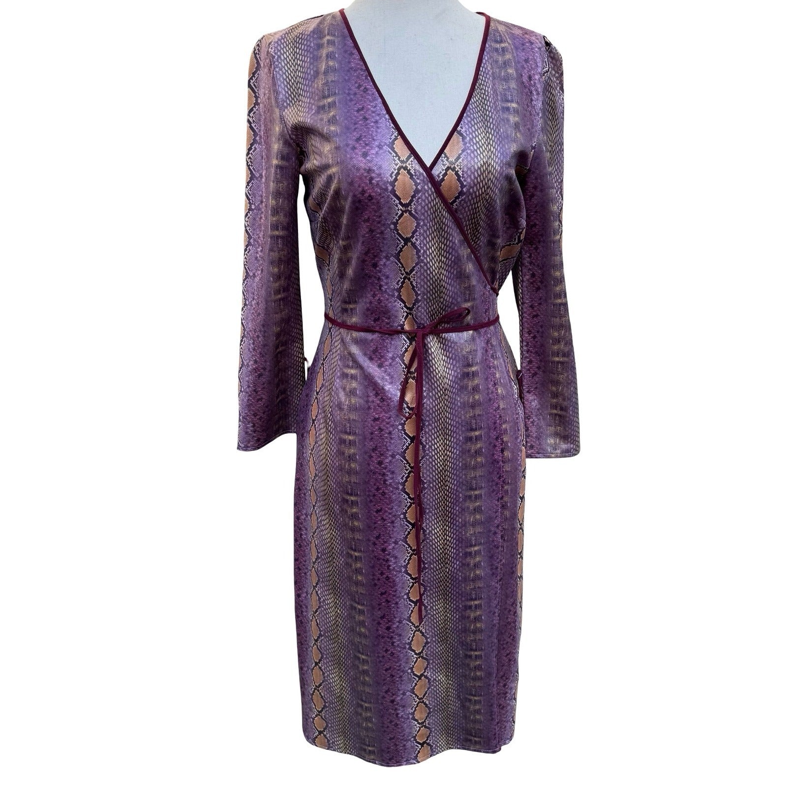 Kathryn Conover Y2K 90s Mob Wife Purple Faux Snakeskin Edgy Wrap Midi Dress 2