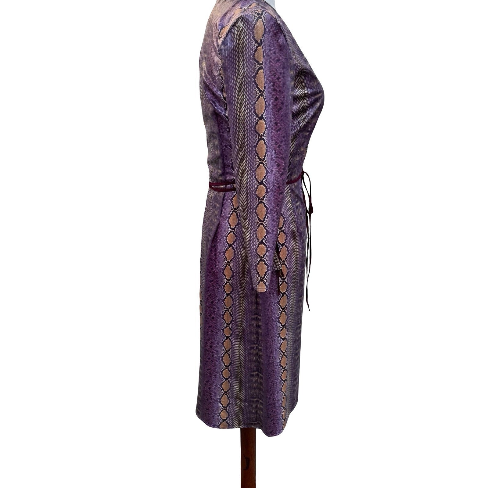 Kathryn Conover Y2K 90s Mob Wife Purple Faux Snakeskin Edgy Wrap Midi Dress 2