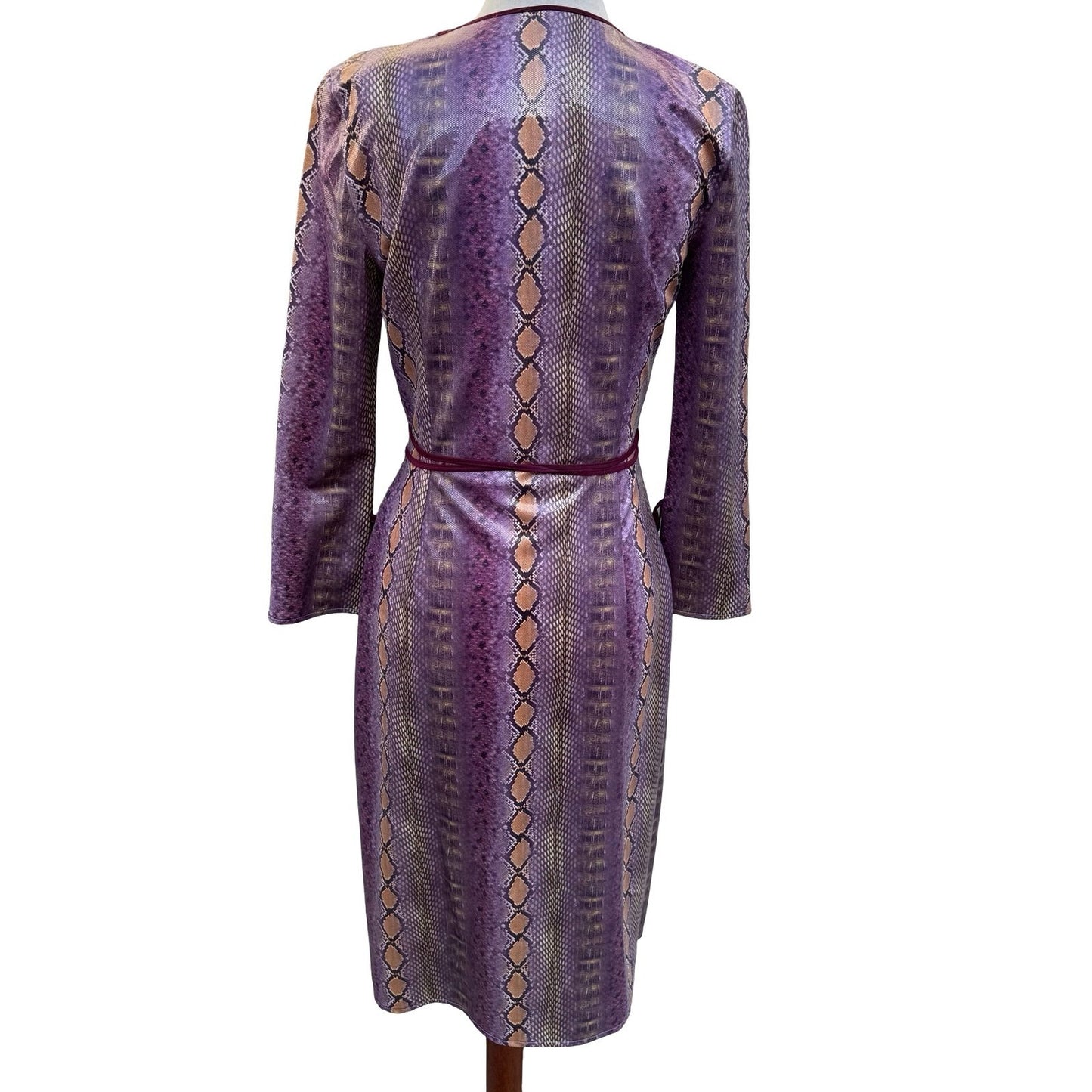 Kathryn Conover Y2K 90s Mob Wife Purple Faux Snakeskin Edgy Wrap Midi Dress 2