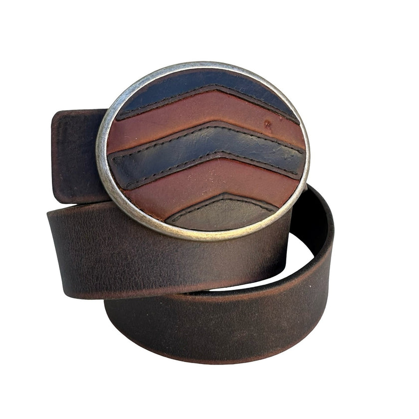 Fossil Unisex Brown Full Grain Cowhide Leather Belt Chevron Buckle SMB954200136