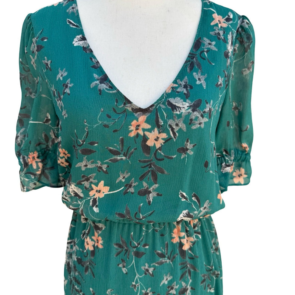Express Green Floral V-Neck Ruffle Hem Flowy Mini Dress S Boho Romantic Cottage