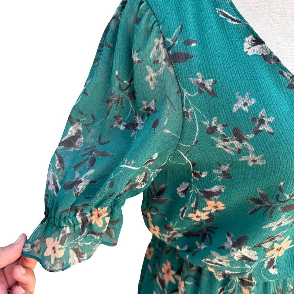 Express Green Floral V-Neck Ruffle Hem Flowy Mini Dress S Boho Romantic Cottage