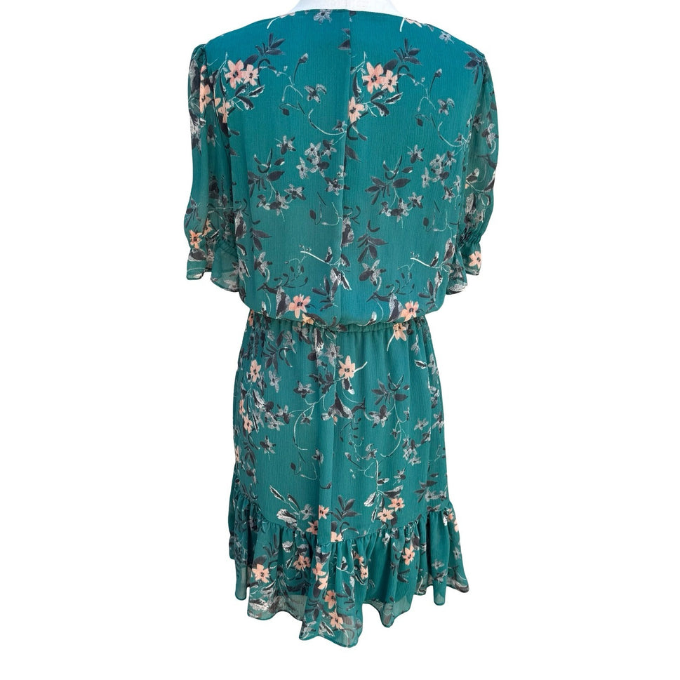 Express Green Floral V-Neck Ruffle Hem Flowy Mini Dress S Boho Romantic Cottage