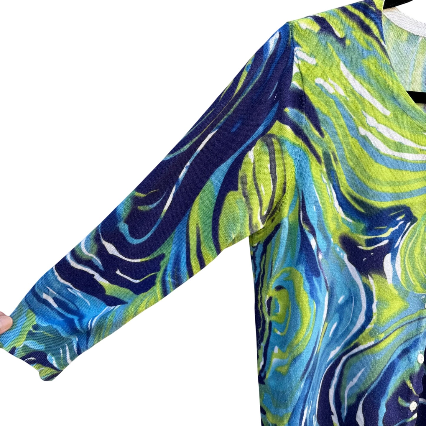 Joseph A. Womens Button-Up Abstract Blue & Green Swirl Print Cardigan Sweater L