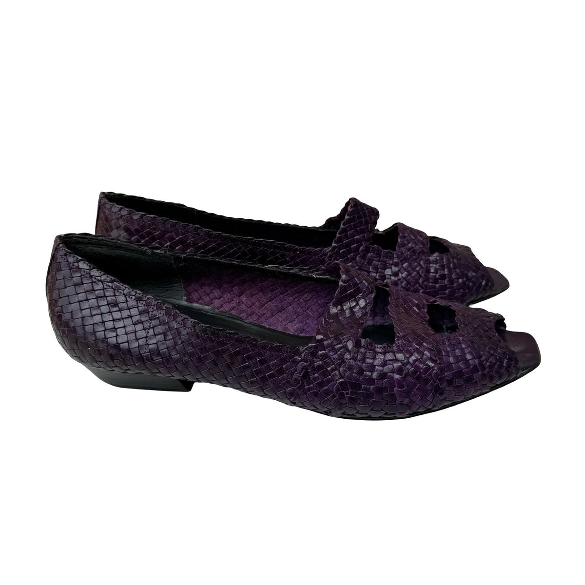 Henri Bendel Vintage 90s Italian Woven Leather Peep Toe Flats Purple Womens 10M