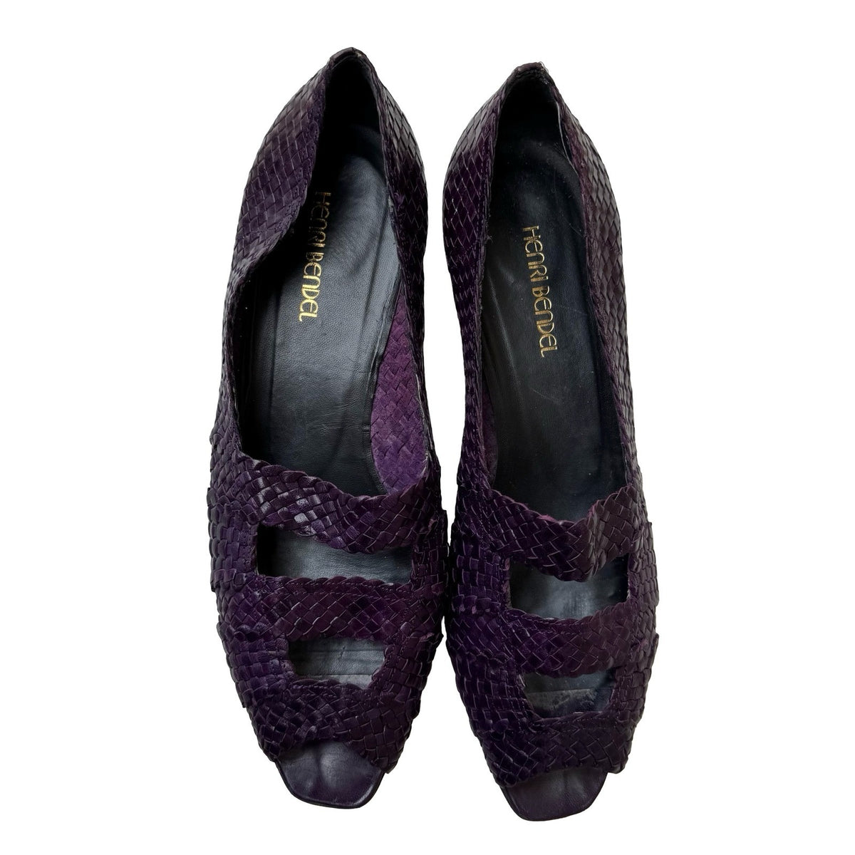 Henri Bendel Vintage 90s Italian Woven Leather Peep Toe Flats Purple Womens 10M