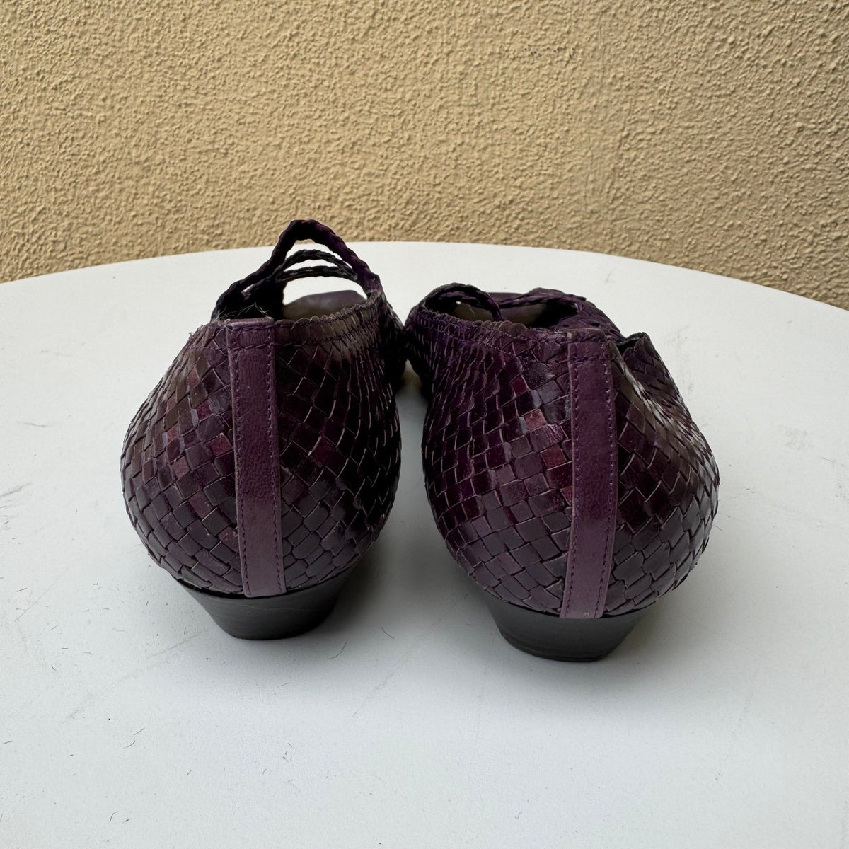 Henri Bendel Vintage 90s Italian Woven Leather Peep Toe Flats Purple Womens 10M