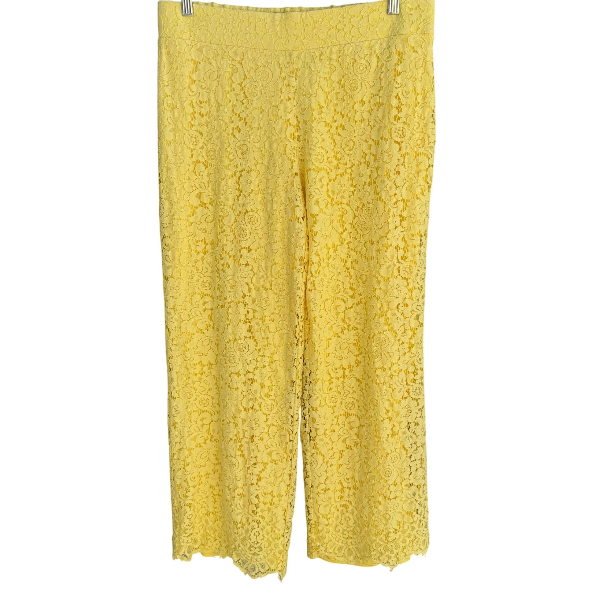 Isaac Mizrahi Live Womens Yellow Lace Overlay Elastic Waist Lined Wide Leg Pants