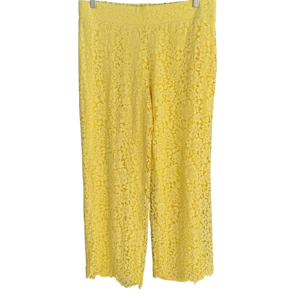 Isaac Mizrahi Live Womens Yellow Lace Overlay Elastic Waist Lined Wide Leg Pants