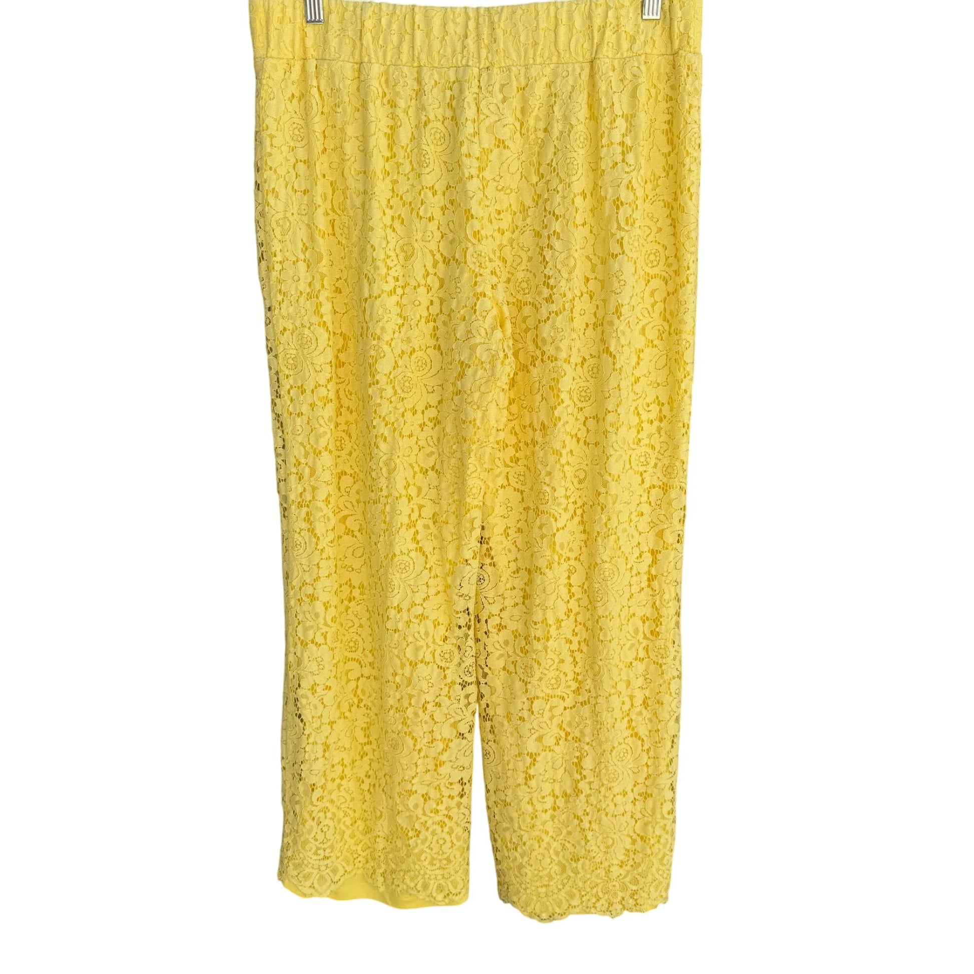 Isaac Mizrahi Live Womens Yellow Lace Overlay Elastic Waist Lined Wide Leg Pants