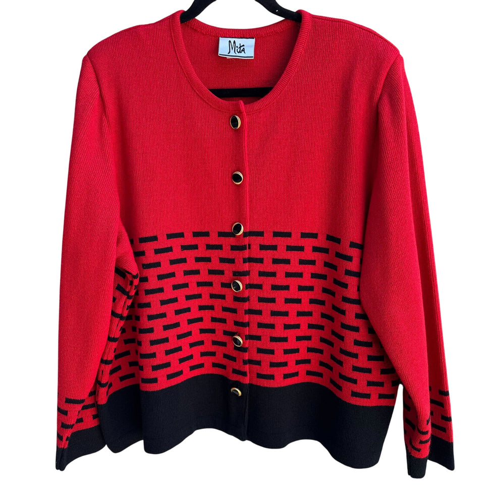 Mita Vintage Womens Red Black Button-Up Brick Pattern Knit Cardigan Sweater 3X