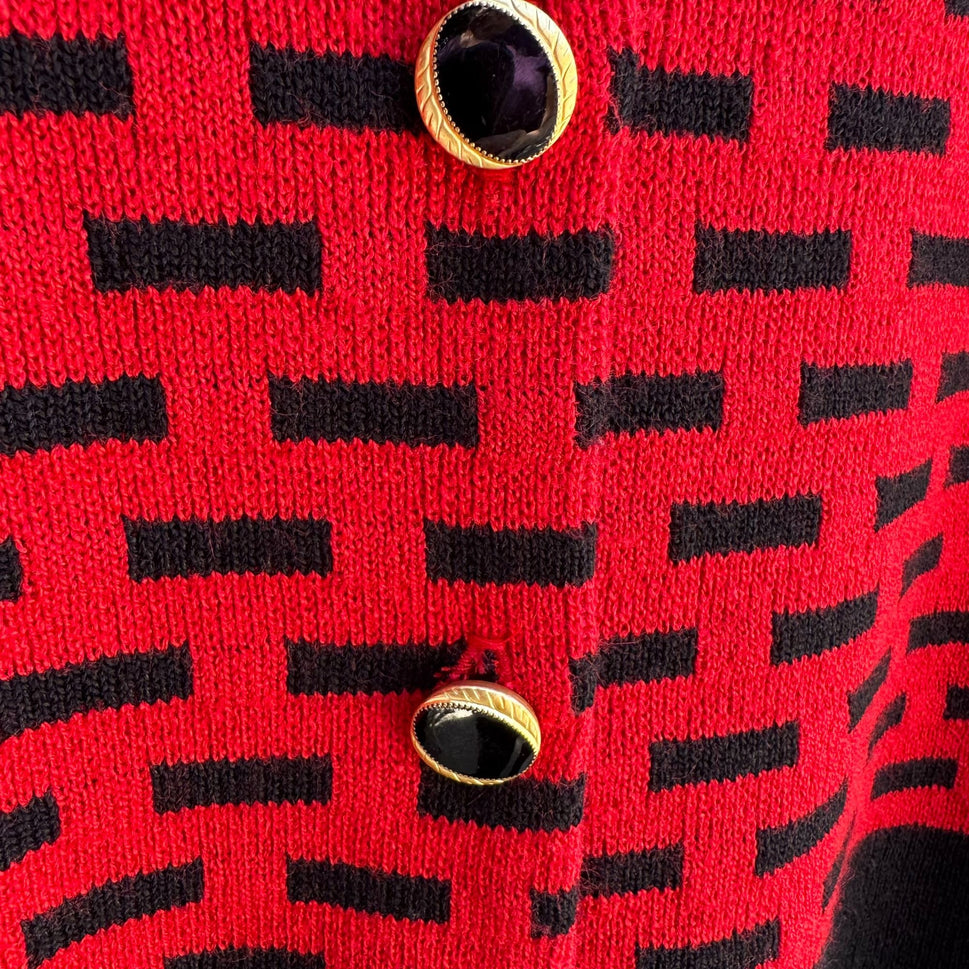 Mita Vintage Womens Red Black Button-Up Brick Pattern Knit Cardigan Sweater 3X
