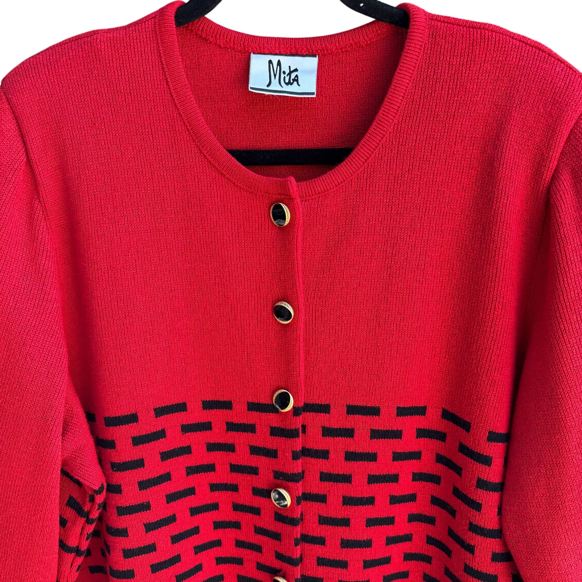 Mita Vintage Womens Red Black Button-Up Brick Pattern Knit Cardigan Sweater 3X
