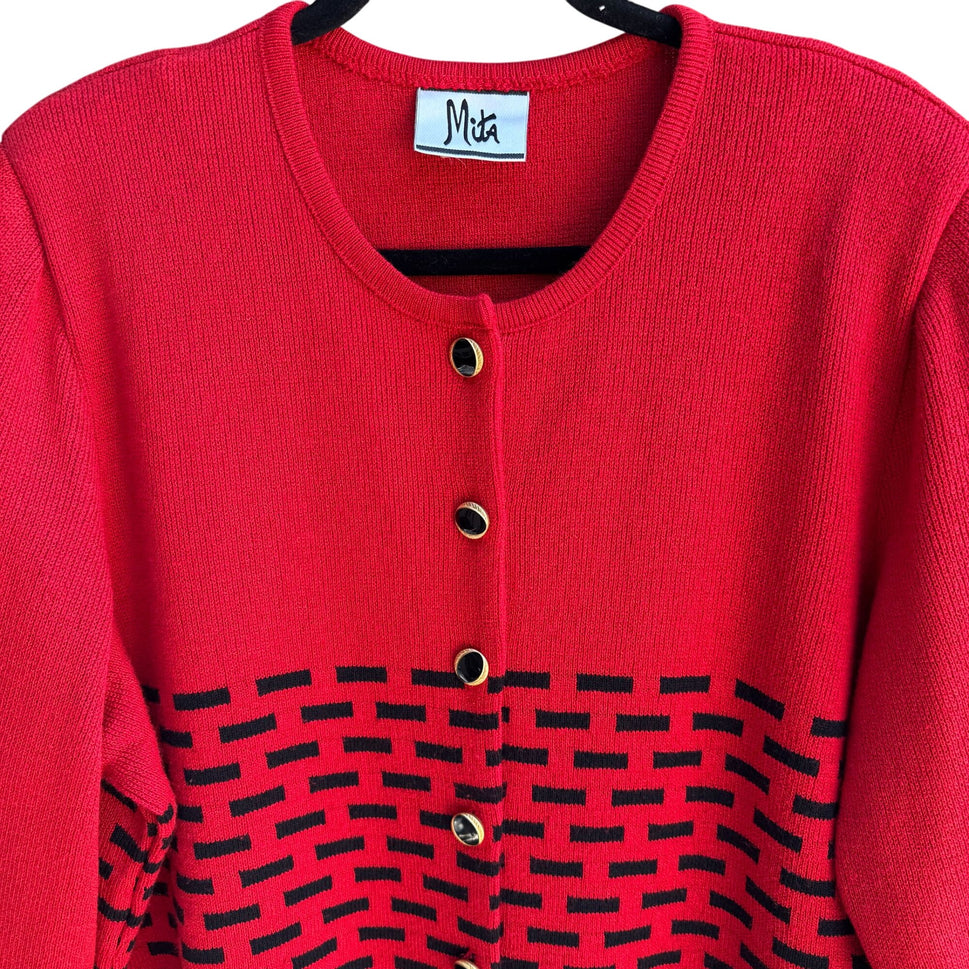 Mita Vintage Womens Red Black Button-Up Brick Pattern Knit Cardigan Sweater 3X