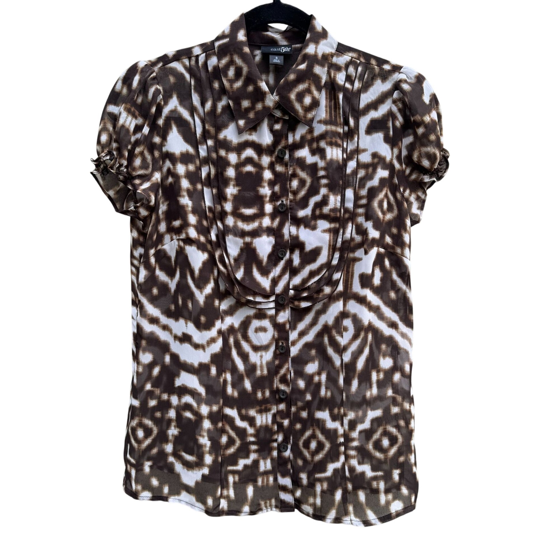 East 5th Womens Pleated Placket Brown Abstract Button-Up Gathered Sleeve Blouse S