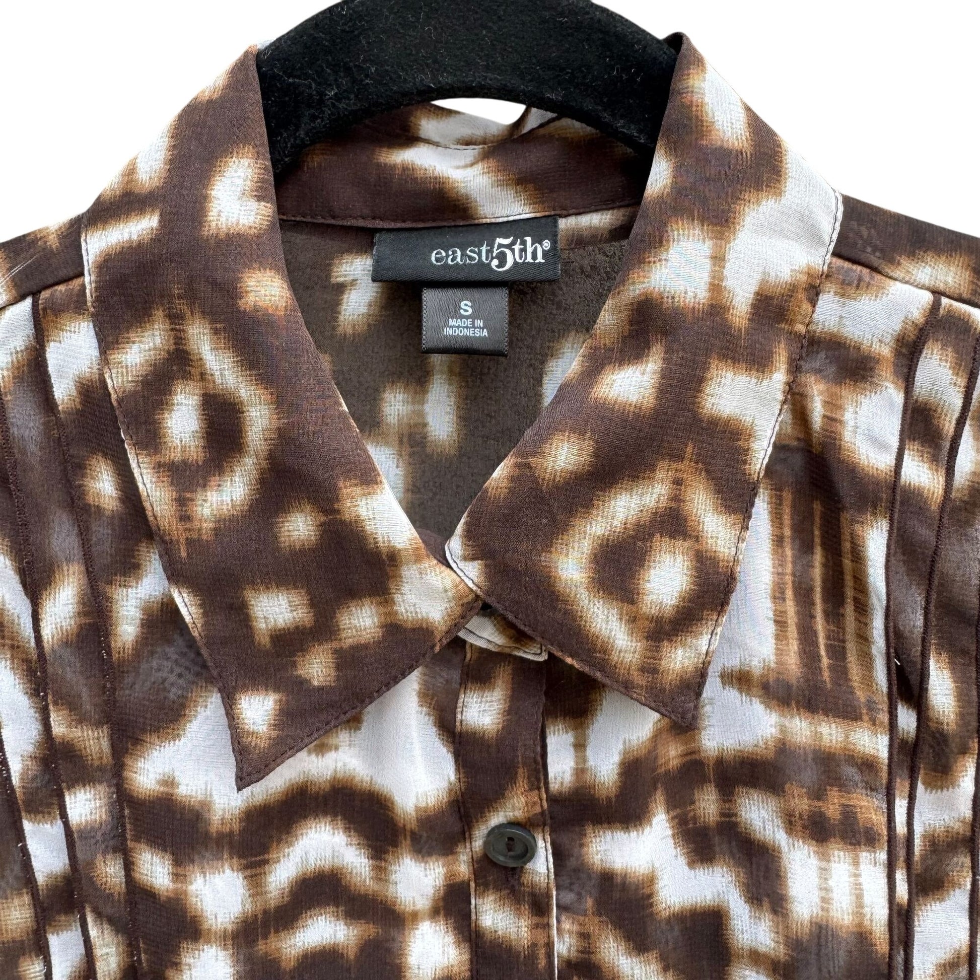 East 5th Womens Pleated Placket Brown Abstract Button-Up Gathered Sleeve Blouse S