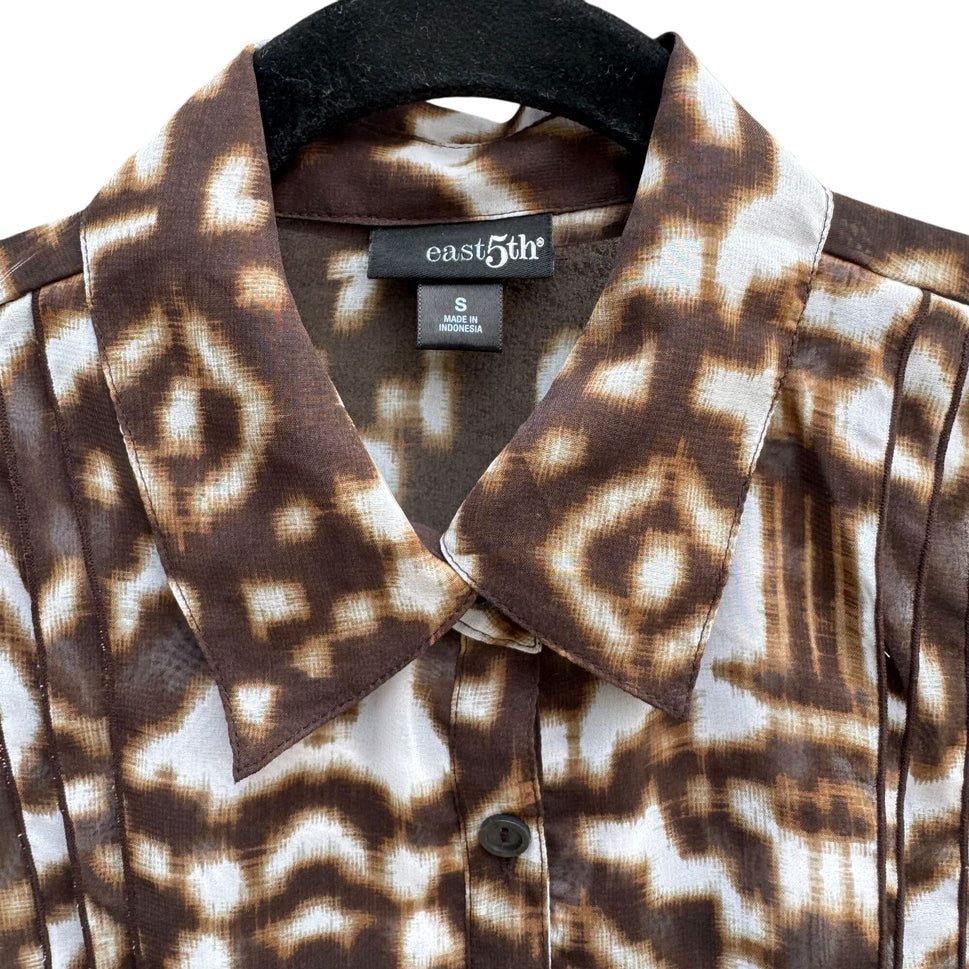 East 5th Womens Pleated Placket Brown Abstract Button-Up Gathered Sleeve Blouse S