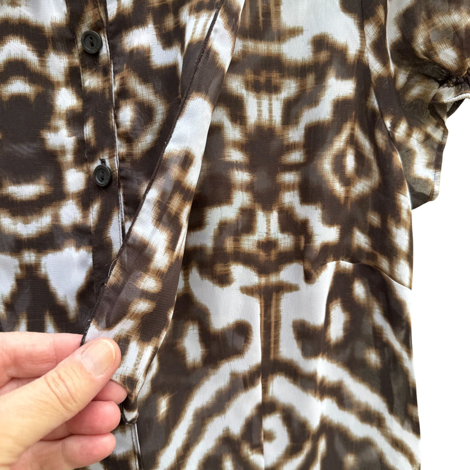 East 5th Womens Pleated Placket Brown Abstract Button-Up Gathered Sleeve Blouse S