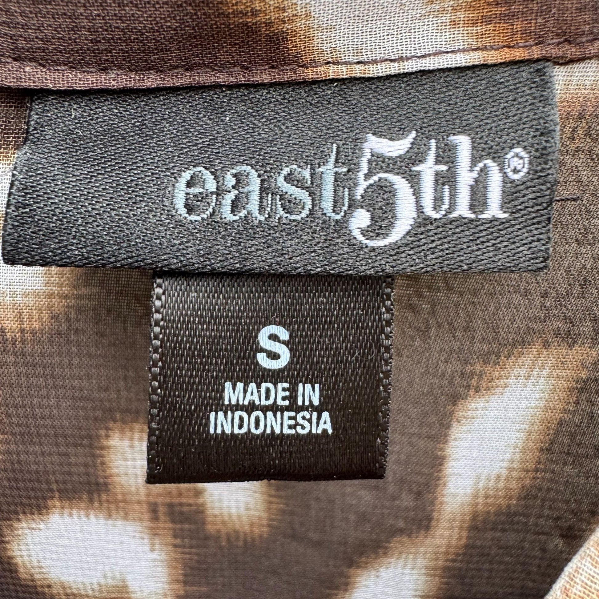 East 5th Womens Pleated Placket Brown Abstract Button-Up Gathered Sleeve Blouse S