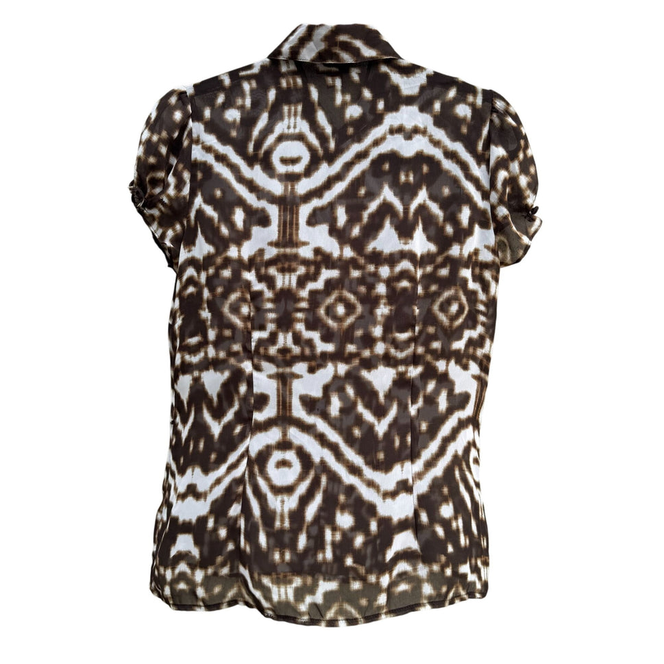 East 5th Womens Pleated Placket Brown Abstract Button-Up Gathered Sleeve Blouse S